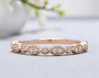 Natural Diamond Wedding Band Ring, 14K Solid Gold Dainty Stackable Ring, Minimalist Stacking Ring, Anniversary Gift for Her, R90