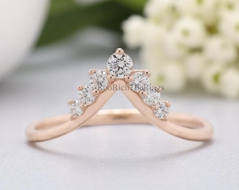 Anillo de boda Art Deco Crown, anillo tiara de diamantes, alianza nupcial curva apilable, anillo apilable de estilo vintage, anillo minimalista de oro, R476
