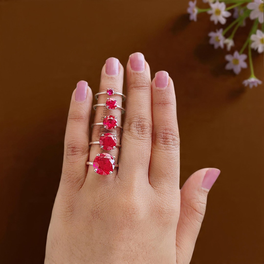 Ruby Simulant Red Ruby Simulant Solitaire Ring, Sterling Silver Engagement Ring ...