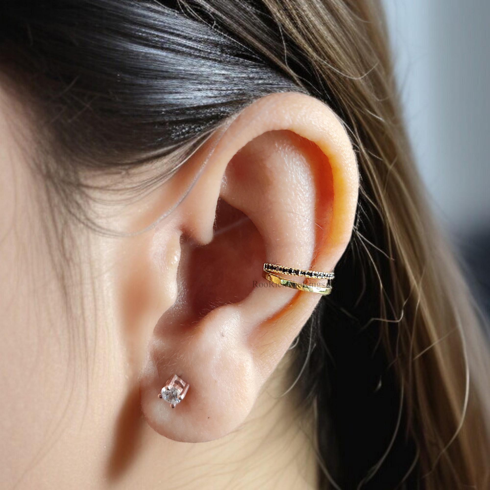 Round Brilliant Cut Black Color Diamond Ear Cuff Double Band