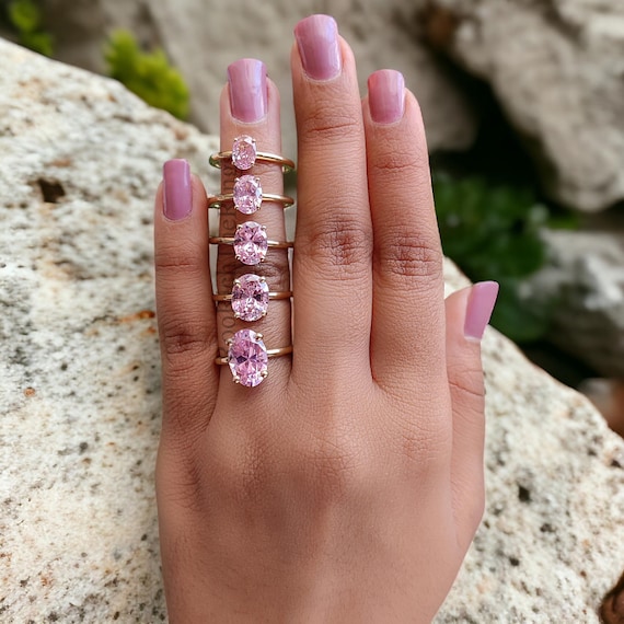 Oval Pink Diamond Engagement Ring 12mm 10mm 9mm 8mm 7mm Stone Ring