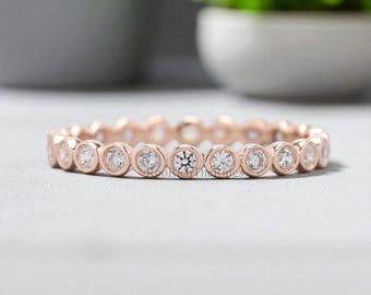 Bezel Set Diamond Wedding Band, Solid Gold Dainty Stacking Ring, Minimalist Bridal Band for Women, matching Ring, Full Eternity Ring, R92