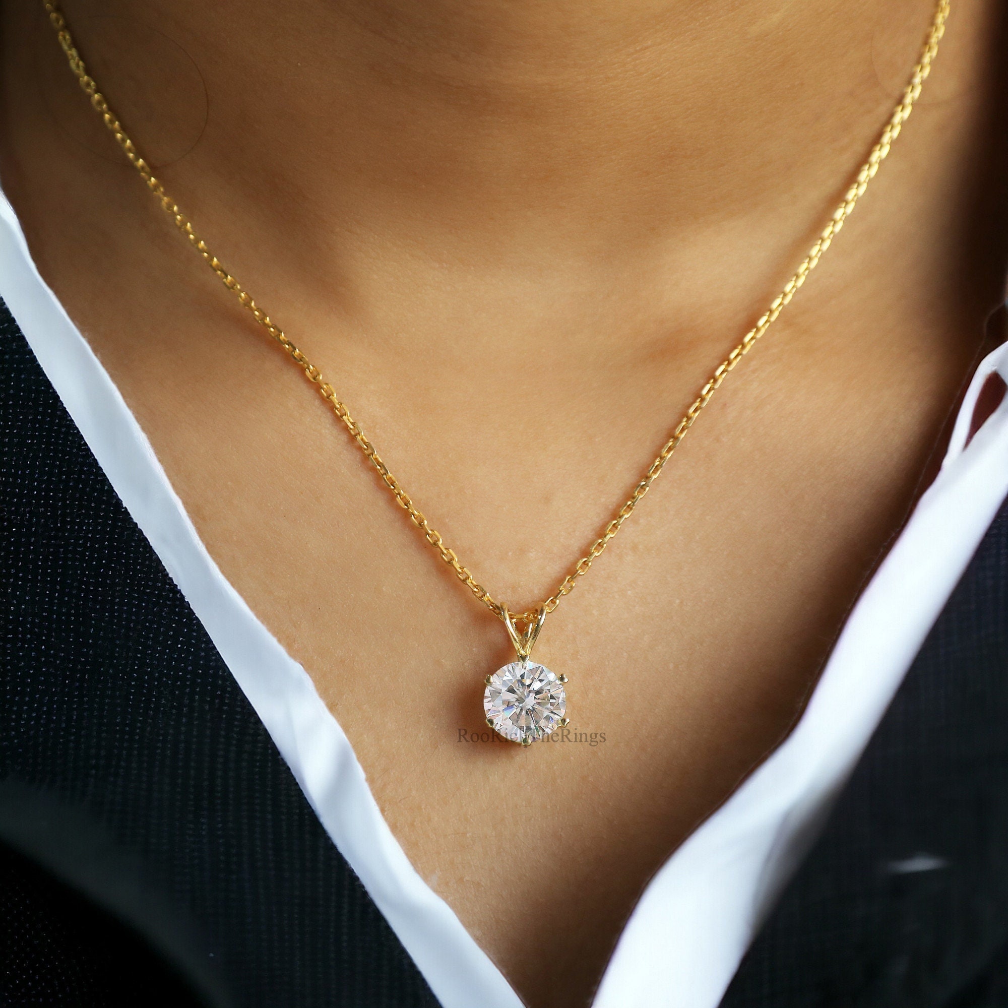 Antique Moissanite Pendant 3.50 CT Round Brilliant Cut Yellow Gold handmade jewelry Six Heart Shape prong basket setting Pendant, R118
