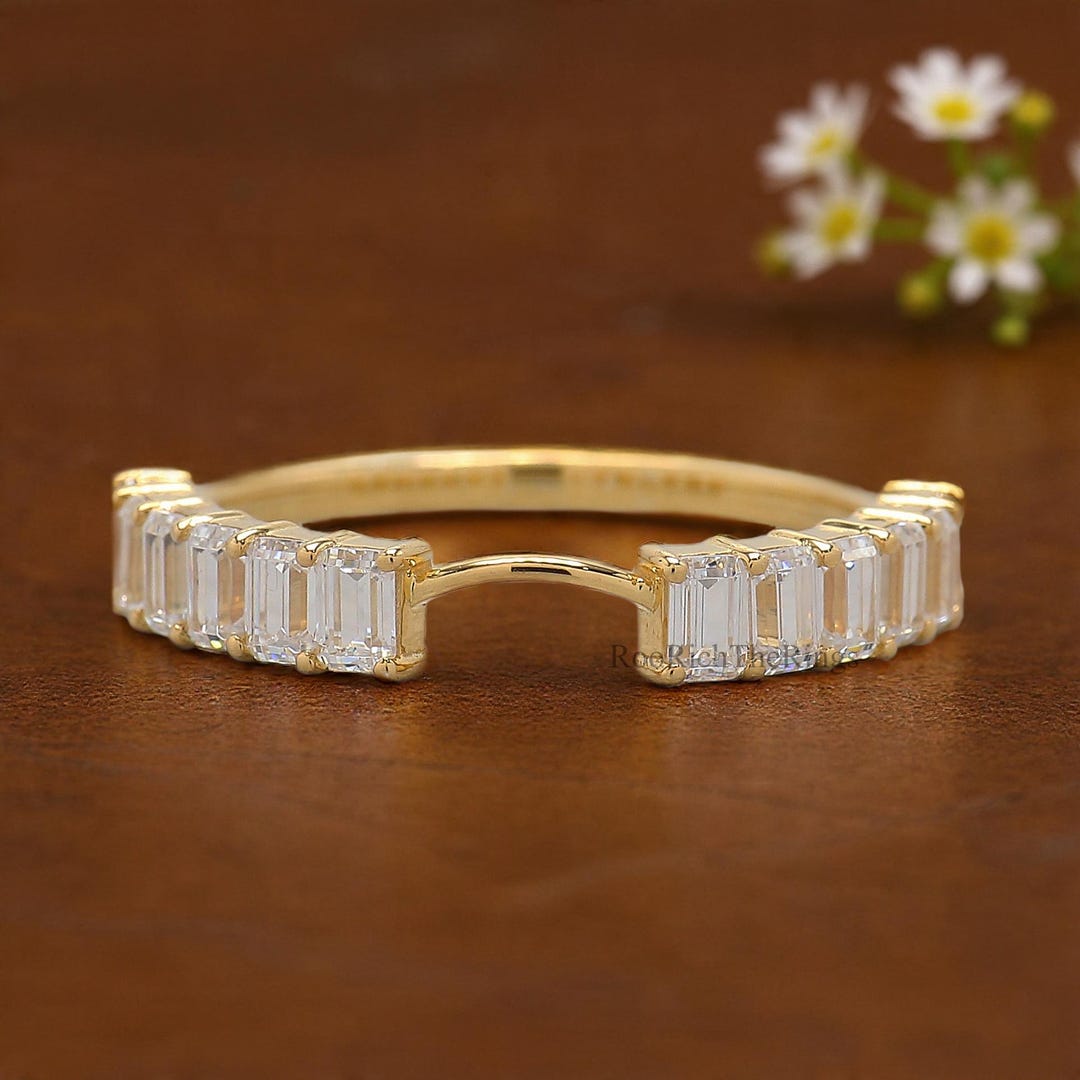 Emerald Cut Wedding Band Yellow Gold Half Eternity Ring Vintage Notched ...