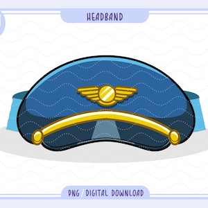 May include: A blue pilot's hat with a gold emblem and a gold brim. The hat is a headband style, with the word "HEADBAND" above it. The image also includes the text "PNG / DIGITAL DOWNLOAD".