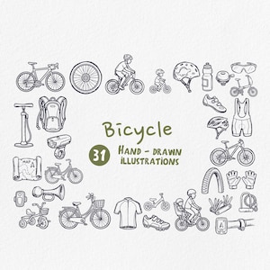 May include: A collection of hand-drawn bicycle illustrations in black and white. The image includes various bicycle-related items such as bikes, helmets, and accessories. The word "Bicycle" is written in green, along with the number "31" and the text "Hand-Drawn Illustrations."