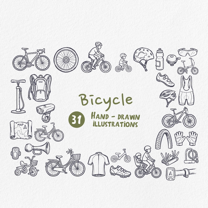 May include: A collection of hand-drawn bicycle illustrations in black and white. The image includes various bicycle-related items such as bikes, helmets, and accessories. The word "Bicycle" is written in green, along with the number "31" and the text "Hand-Drawn Illustrations."