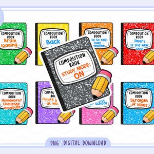 Puede incluir: Una colección de pegatinas de cuadernos de composición coloridas con varias frases, incluyendo "Brain loading..." y "Study Mode: ON". Cada pegatina tiene un gráfico de lápiz. La imagen está etiquetada como "PNG / DIGITAL DOWNLOAD".