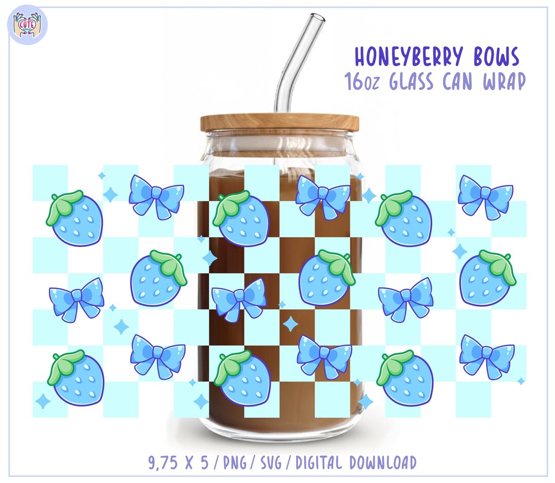 Honeyberry Bows 16oz Libbey Glass Can Wrap PNG SVG, Checkered Blue ...