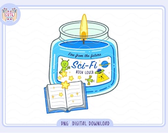 May include: A blue candle in a jar with a yellow flame, labeled "Sci-Fi Book Lover." The label features an alien, stars, a spaceship, and a UFO. An open book with star illustrations is below the candle.