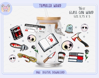 Thriller Bookish Iced Coffee Wrap, Horror Bookish Glasdosenverpackung, Halloween-ästhetik, Halloween-Partyverpackung, gemütliche Lese-Eiskaffeeverpackung