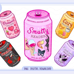 May include: A digital illustration featuring five colorful cans labeled "Emotional Support Drink." The cans are decorated with themes like romance, thriller, cozy, fantasy, and smutty reader. Each can is 12 fl oz (360 ml) and has unique graphics.