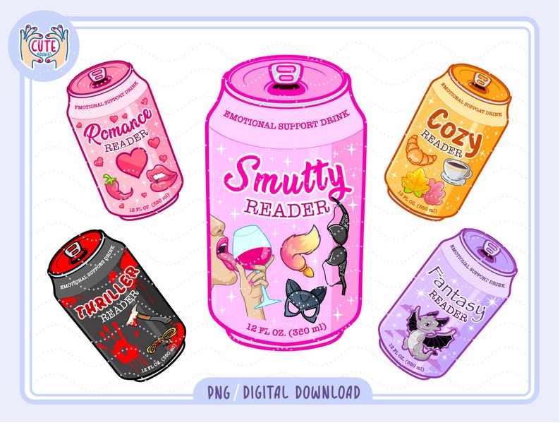 May include: A digital illustration featuring five colorful cans labeled "Emotional Support Drink." The cans are decorated with themes like romance, thriller, cozy, fantasy, and smutty reader. Each can is 12 fl oz (360 ml) and has unique graphics.