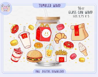May include: A clear glass can wrap with a wooden lid and straw, featuring cartoon illustrations of fast food items like a burger, fries, and donuts. The text "TUMBLER WRAP" and "16 oz GLASS CAN WRAP SIZE 9.75 X 5" are visible.