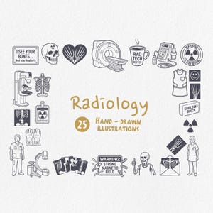Könnte beinhalten: Eine Sammlung von 25 handgezeichneten Illustrationen zum Thema Radiologie. Die Bilder zeigen einen Schädel, ein Herz mit Knochen, ein MRT-Gerät, eine Kaffeetasse, Röntgenbilder und ein Skelett. Das Wort "Radiology" ist in Gold geschrieben.