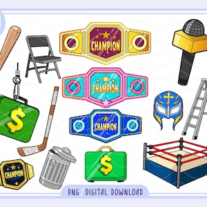 May include: A collection of cartoon illustrations featuring sports and entertainment elements. Includes a baseball bat, folding chair, championship belts, microphone, ladder, wrestling mask, hockey stick, trash can, briefcase with a dollar sign, and a wrestling ring.