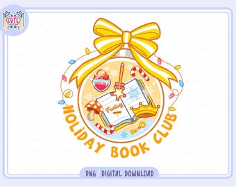 May include: A digital illustration of a holiday ornament with the text "Holiday Book Club." Inside the ornament are fantasy-themed elements: an open book, a potion bottle, a mushroom, and a candy cane. The ornament is topped with a yellow bow and string lights.