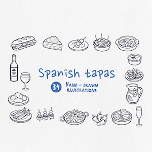 Hiszpańskie tapas SVG PNG Clipart, ikony hiszpańskiej kolacji rysowane ręcznie. Bezpłatna licencja komercyjna