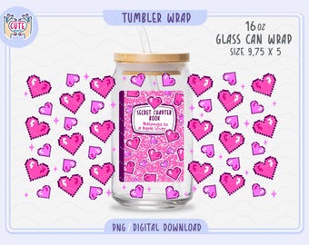 Composition Book Glass Wrap png, Pixel Hearts Libbey Glass, Book lover Glass Wrap, Girly Libbey Glass Can Wrap, Cozy Iced Coffee Wrap png