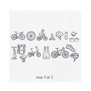 May include: Line drawing of cycling equipment and accessories, including bicycles, helmets, water bottles, and cycling apparel. The text "PAGE 1 OF 2" is at the bottom of the image. The image is on a white background.
