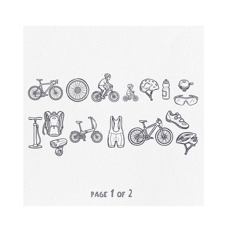 May include: Line drawing of cycling equipment and accessories, including bicycles, helmets, water bottles, and cycling apparel. The text "PAGE 1 OF 2" is at the bottom of the image. The image is on a white background.