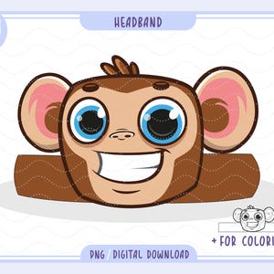 Pode incluir: Uma faixa de cabeça de macaco de desenho animado com um rosto sorridente, olhos azuis grandes e pele marrom. A imagem inclui o texto "HEADBAND" e "PNG / DIGITAL DOWNLOAD". Um rosto de macaco menor, em preto e branco, está incluído para colorir.