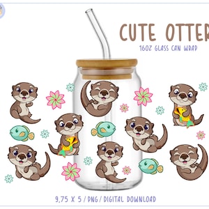 Envoltura de lata de vidrio Libbey de 16 oz con diseño de nutria bebé PNG • Diseño de sublimación de vaso con animales divertidos (descarga digital)