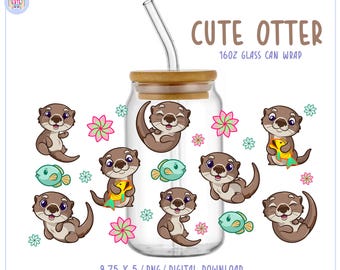 16oz Baby otter libbey Glass Can Wrap PNG • Funny Animals Tumbler Sublimation Design (Digital Download)