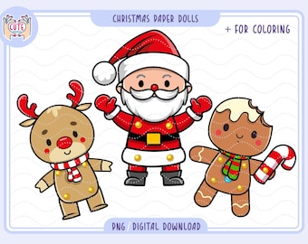 Muñecas de papel navideñas imprimibles: Papá Noel, reno y jengibre (descarga digital)
