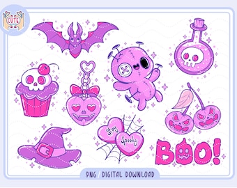 May include: A collection of pink and purple Halloween-themed illustrations. Includes a bat, voodoo doll, potion bottle with a skull, cupcake with a skull, heart-shaped keychain, cherries with faces, witch's hat, hearts with spiderwebs, and the word "Boo!"
