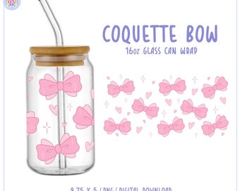 Pink Coquette Bow Glass Can Wrap • 16oz Tumbler Sublimation (PNG)
