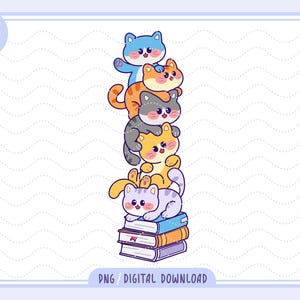 Puede incluir: Ilustración de seis gatos de dibujos animados apilados. Los gatos son de diferentes colores, incluyendo azul, naranja y amarillo. El gato inferior está sobre una pila de libros. Estilo lindo y juguetón.