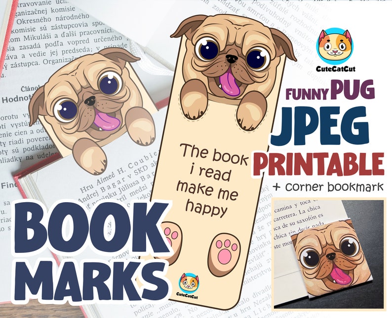 Funny Dog Bookmarks Printable, Cute Pug Puppy Printable Bookmark ...