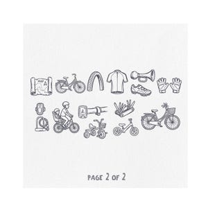 May include: A collection of line drawings depicting cycling equipment and accessories. Includes bicycles, a tyre, a cycling jersey, shoes, gloves, and a map. The text "PAGE 2 OF 2" is at the bottom.