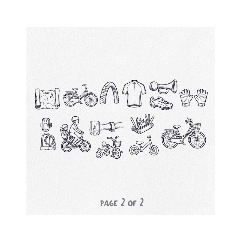 May include: A collection of line drawings depicting cycling equipment and accessories. Includes bicycles, a tyre, a cycling jersey, shoes, gloves, and a map. The text "PAGE 2 OF 2" is at the bottom.