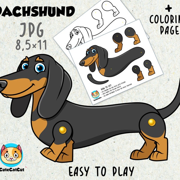 Dachshund dog paper toy printable, Printable articulated paper doll, animal paper toy, activities for kids, DIY for kids, Educational Toy