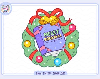 May include: A cartoon illustration of a Christmas wreath with a purple book in the center. The book has the words "MERRY BOOKMAS" on the cover. The wreath is green with red ribbon, gold bells, and colorful ornaments.