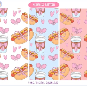 Könnte beinhalten: Nahtloses Muster mit Illustrationen von Hotdogs, Kaffeetassen, rosa Schleifen und Herzen. Das Muster wiederholt sich auf weißen, hellblauen und rosa Hintergründen. Der Text oben lautet "SEAMLESS PATTERN" und unten "/ PNG / DIGITAL DOWNLOAD".