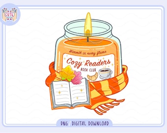 Club de lectura de otoño acogedor PNG, vela de libros PNG, clipart de amantes de los libros acogedores, lindo olor estético de libros de moda PNG, pegatinas PNG de moda