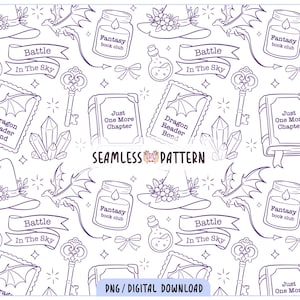 Puede incluir: Patrón sin costuras con ilustraciones de fantasía en morado sobre fondo blanco. Incluye sombreros de bruja, dragones, botellas de pociones, llaves, libros, cristales y pancartas con texto: "Battle In The Sky", "Dragon Reader Bond" y "Fantasy book club".