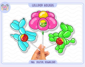 May include: A hand holding three lollipop holders. The holders are shaped like a flower, a balloon dog, and a balloon animal. The flower is pink and yellow, the balloon dog is blue, and the balloon animal is green. Each holder has a lollipop.
