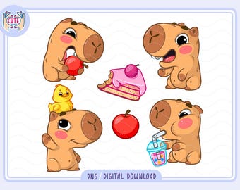 May include: A digital download graphic featuring cartoon capybaras in various poses. One eats an apple, another is excited, and a third has a chick on its head. Other elements include a slice of cake, a red apple, and a drink.
