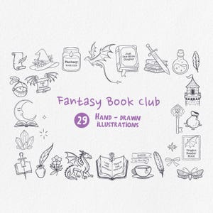 May include: Hand-drawn illustrations for a fantasy book club, featuring a witch's hat, dragon, sword, potion bottle, and open book. The text reads "Fantasy Book Club" and "29 Hand-Drawn Illustrations."