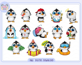 Schattige pinguïn clipart png, schattige kawaii pinguïn instant download, minnaar pinguïn, kinderkamer sublimatie png, schattige kinderen png, grappige pinguïns png