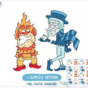 May include: A digital illustration featuring two cartoon characters: a fiery orange creature and a blue ice character. The fiery character is angry, while the ice character holds a snowball. A seamless pattern is included.