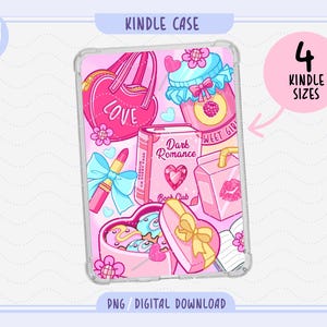 May include: A pink Kindle case featuring a heart-shaped purse with the word "LOVE", a lipstick with a blue bow, and a book titled "Dark Romance". The case also includes a pink milk carton with a kiss print and a heart-shaped box. The text "4 Kindle Sizes" is also present.