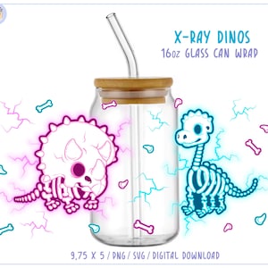 May include: A clear glass can wrap with a bamboo lid and a glass straw. The wrap features a cartoon dinosaur skeleton design with the text "X-RAY DINOS 16oz GLASS CAN WRAP". The design includes pink and blue lightning bolts and bone graphics.