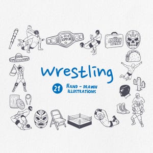 Brottning SVG PNG Clipart, Lucha libre Doodle ikoner set handritade illustrationer. brottningsfestinbjudan
