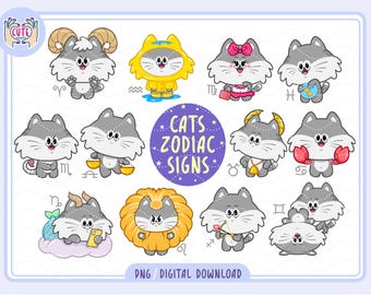 12 Cat Zodiac Signs Clipart, Cute Animal Horoscope, Astrology ...
