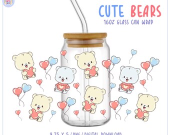 May include: A clear glass can wrap with a bamboo lid and a glass straw. The wrap features cartoon bears holding hearts and balloons. Text on the wrap reads "CUTE BEARS 16OZ GLASS CAN WRAP".